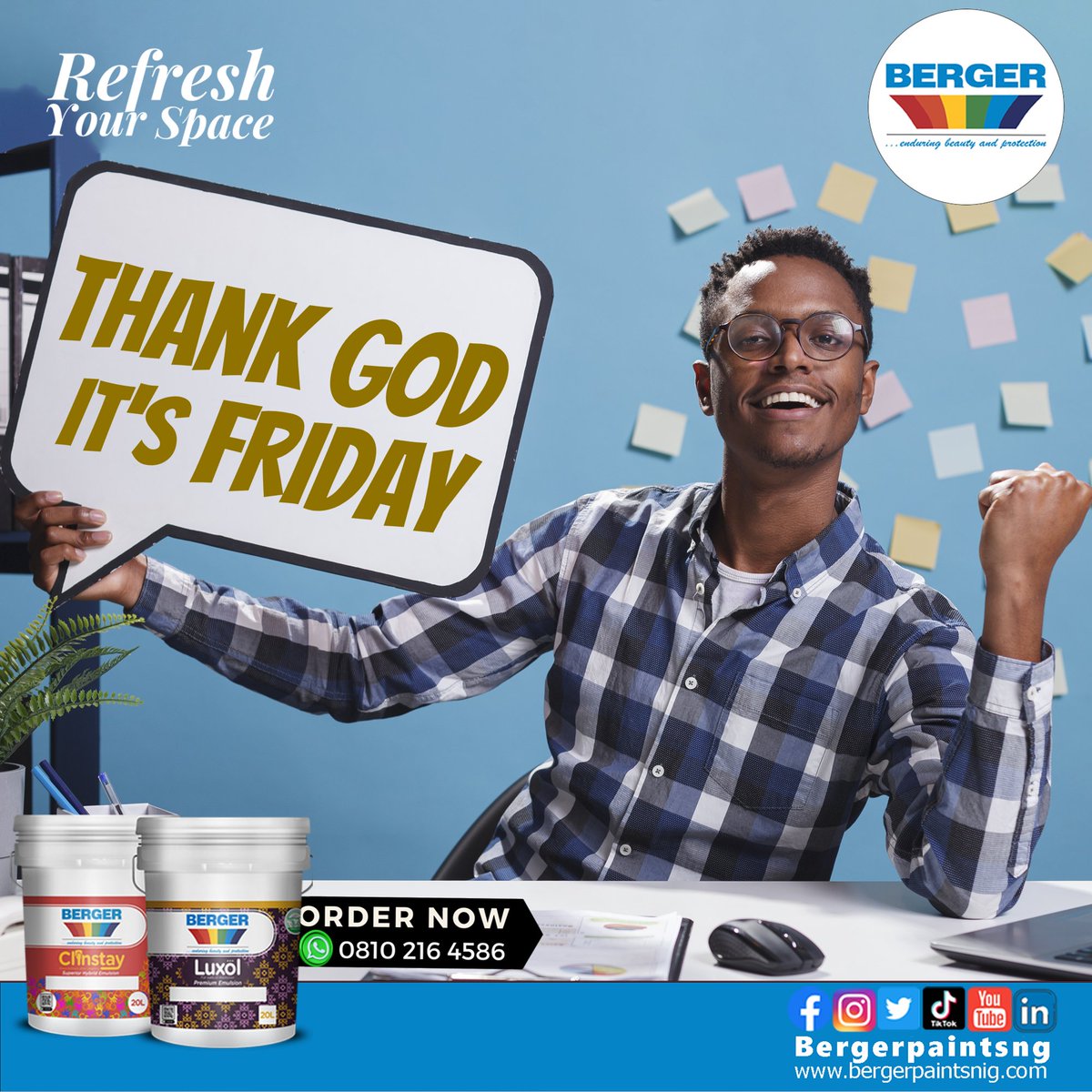 Bergerpaintsng's tweet photo. Thank God It's Fridayππ
Cheers To The Weekend!
#refreshyourspace
#BergerPaints https://t.co/YgzoFFifaK