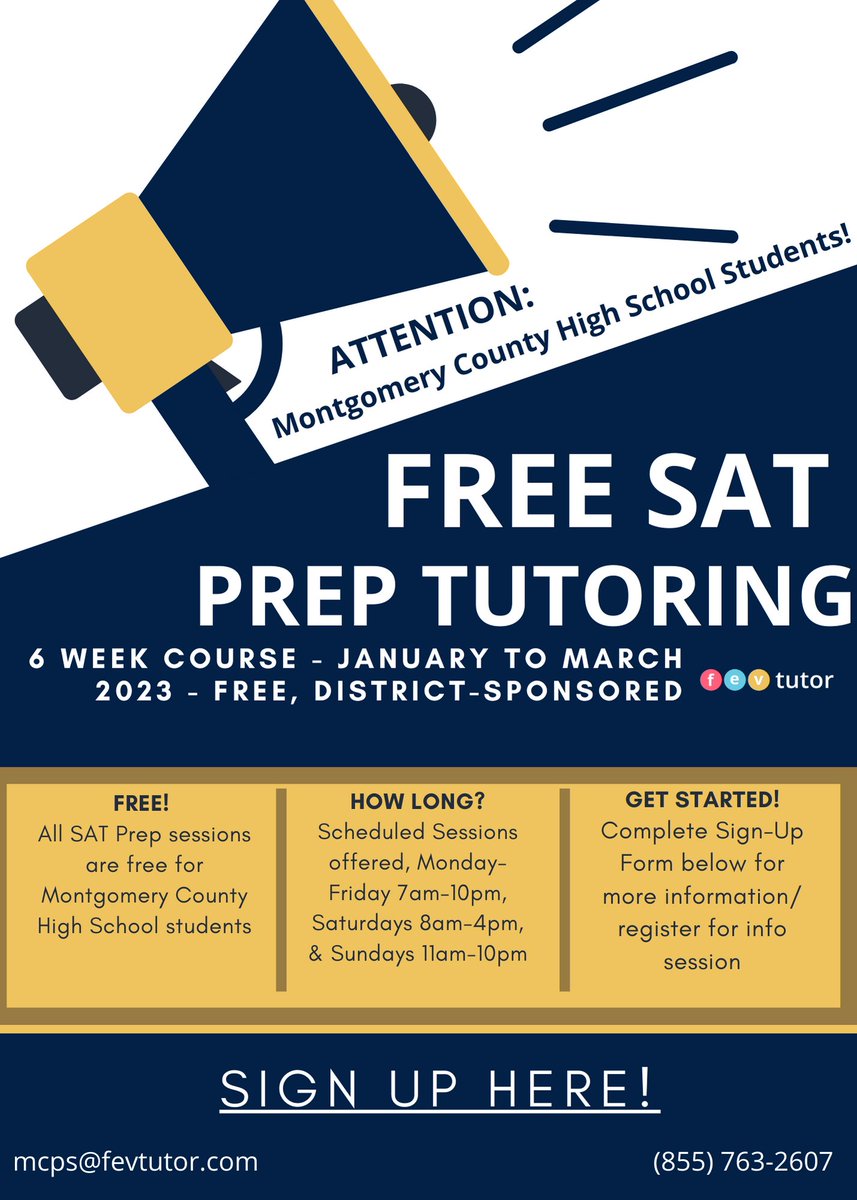 Free SAT Prep: MCPS is pleased to partner with FEV Tutor to provide students high-quality virtual tutoring sessions personalized to each student’s needs. High school students can sign up for a free six-week course between now and March!