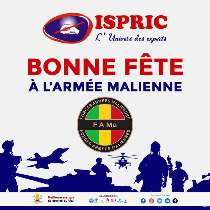ISPRIC2's tweet photo. Ensemble pour souhaiter une bonne fête à nos chers #FAMAs
Une pensée profonde pour nos vaillants #soldats qui, à longueur du temps risquent leur vie pour sauvegarder la nôtre. 
Très bonne #fête à l’armée #malienne. 
#ispric #luniversdesexperts #20janvier https://t.co/WNcUGQnLiA
