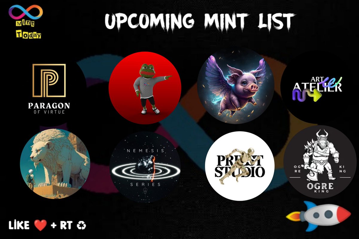 ICP MINT TODAY ∞ (@icpminttoday) on Twitter photo Upcoming Mint List #ICP 🚀
🛸21/01🚀
<a href="/fleshlynft/">Fleshly NFT Community ∞</a>
<a href="/ashuyadav09/">ashutosh.icp ∞</a>
<a href="/Virtue_NFT/">paragonofvirtue.icp ∞</a>
🛸22/01 🚀
<a href="/ICPAA_NFT/">ICP Art Atelier ∞</a>
<a href="/ICPig_/">When Pigs Fly</a>
🛸23/01 🚀
<a href="/Rikulabs/">Elysium | Minting Now</a>
<a href="/DexterityLife/">Dexterity Life</a>
<a href="/NemesiSeries/">NemesiSeries ∞</a>
@prieststudio
Launchpad @EntrepotApp & <a href="/YumiMarketplace/">Yumi</a>
❤& Rt
#DFINITY #ICPMINTTODAY #NFT #ICPeople #NFTCommunity $ICP Upcoming Mint List #ICP 🚀
🛸21/01🚀
<a href="/fleshlynft/">Fleshly NFT Community ∞</a>
<a href="/ashuyadav09/">ashutosh.icp ∞</a>
<a href="/Virtue_NFT/">paragonofvirtue.icp ∞</a>
🛸22/01 🚀
<a href="/ICPAA_NFT/">ICP Art Atelier ∞</a>
<a href="/ICPig_/">When Pigs Fly</a>
🛸23/01 🚀
<a href="/Rikulabs/">Elysium | Minting Now</a>
<a href="/DexterityLife/">Dexterity Life</a>
<a href="/NemesiSeries/">NemesiSeries ∞</a>
@prieststudio
Launchpad @EntrepotApp & <a href="/YumiMarketplace/">Yumi</a>
❤& Rt
#DFINITY #ICPMINTTODAY #NFT #ICPeople #NFTCommunity $ICP