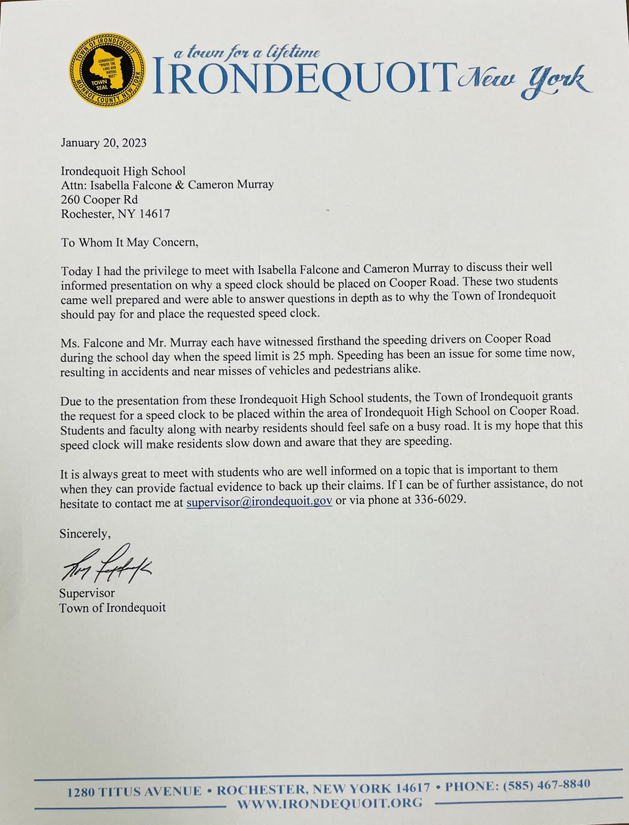 IrondequoitDECA's tweet photo. @WestIrondequoit @DECAInc Leaders advocating for a digital speed display on Cooper Road in front of @IrondequoitHS by meeting with @irondequoit_ny @SupervisorFitz. Teaching students to communicate with government. #lifelonglessons #irondequoit #safety https://t.co/u5Wtql8S2y