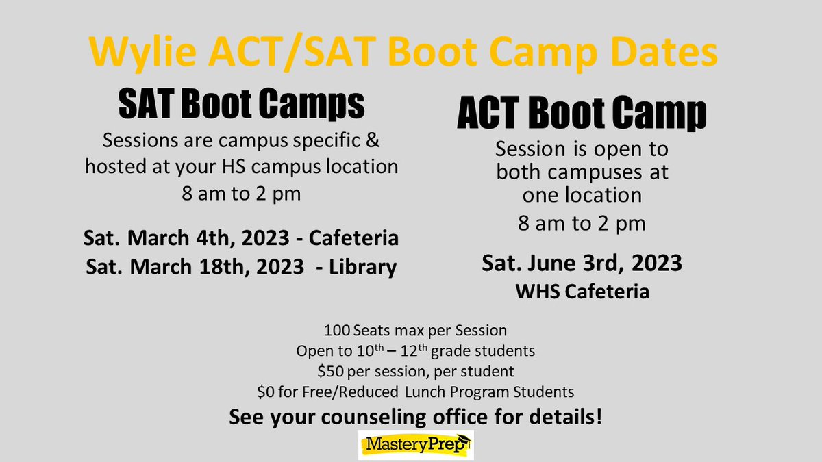 Check out the upcoming SAT/ACT boot camp dates open to 10th-12th grade students!