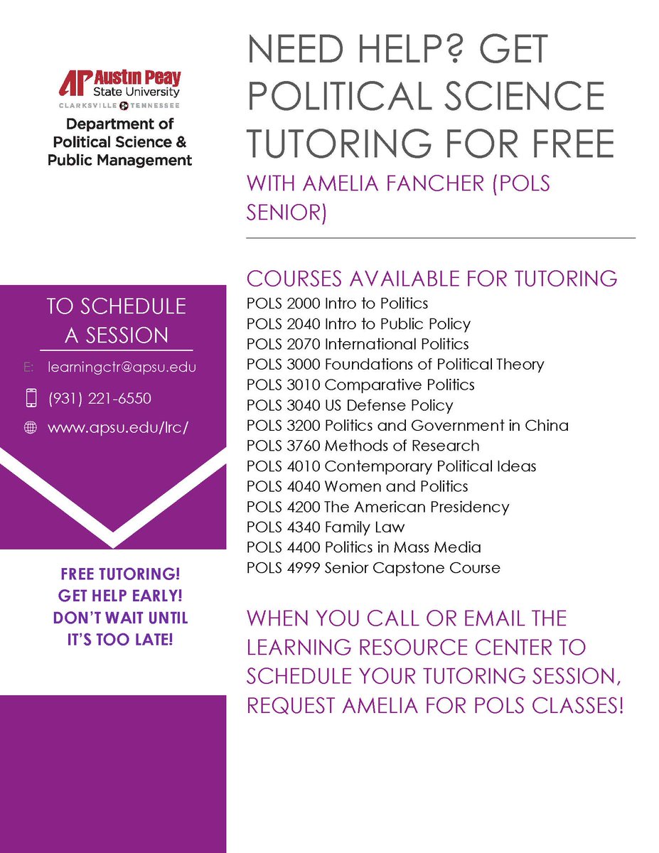 APSUPoliSci's tweet photo. Hey #PSPM peayple...now that the Spring semester is up and running, take advantage of this wonderful free resource to get extra help as you need it, from one of our best students. Don't wait, get help, succeed. https://t.co/8z9hJltjWB