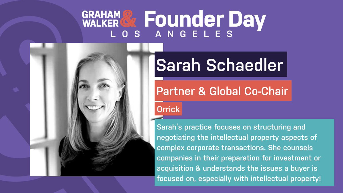 grahamandwalker's tweet photo. Next week, when we're gathered in Los Angeles for our 1/26 #FounderDay, Sarah Schaedler of @Orrick will be with us sharing her insights and mentoring founders.

Will you be with us to learn from Sarah? Put your name on the list here: https://t.co/4XGPTMcY13 #LAFounders https://t.co/A3uPMfPdah