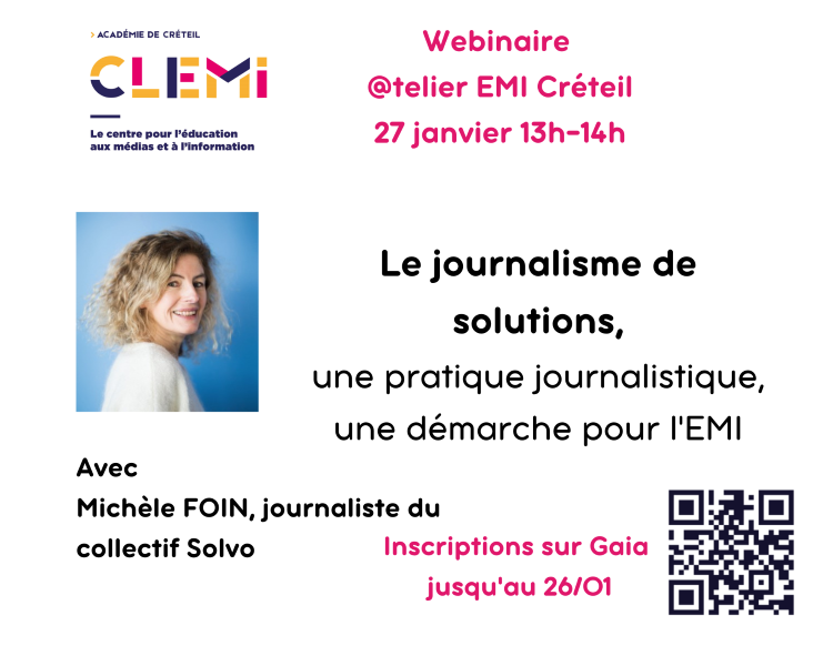 🔉Le journalisme de solutions, une pratique journalistique, une démarche pour l'EMI 

▶️Webinaire avec <a href="/MicheleFoin/">Michèle Foin</a> <a href="/SolvoCollectif/">Solvo</a> 
🗓️27 janvier 2023 de 13h à 14h
👋Enseignants de l'<a href="/AcCreteil/">Académie de Créteil</a>, inscrivez-vous! 
clemi.ac-creteil.fr/spip.php?artic…
#EducMédiasInfo #Edd #ConcoursRespect