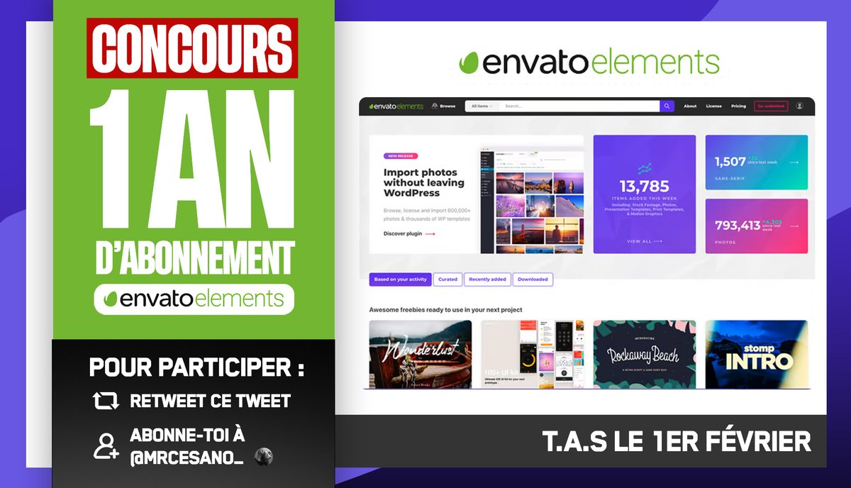 mrcesano_'s tweet image. Petit concours pour la mama :

👉 RT + Follow et tente de gagner 1 an d'abonnement à Envato Elements  (Valeur 210€)

Tu sauras le 1er Février si t'as eu du bol ou pas ! J'tembrasse
