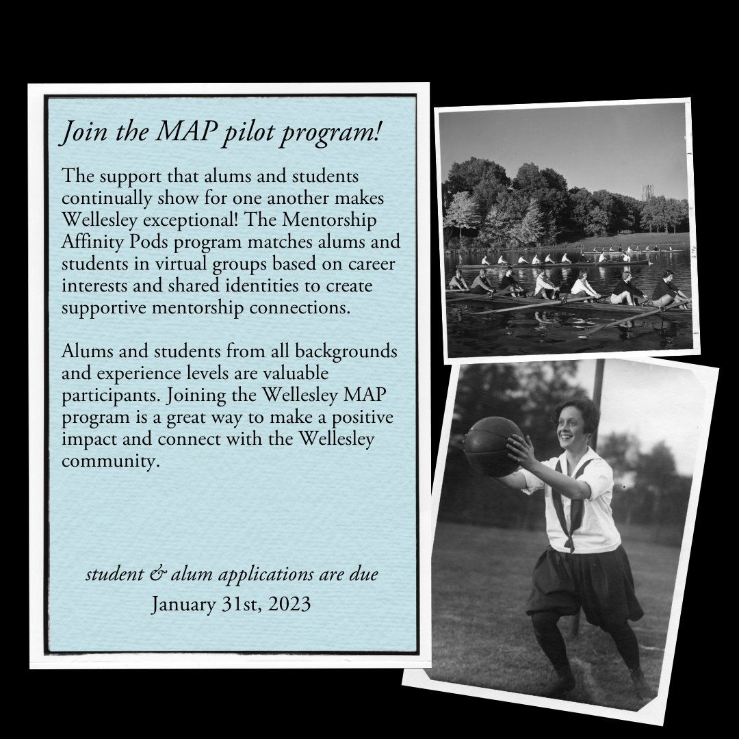 wellesley.edu/careereducatio…
The goal of MAP is to create supportive mentorship connections to foster participants’ sense of belonging, identity development, values, career paths, and connectedness within the larger Wellesley community. Alums, juniors, seniors  welcome to apply (1/31)