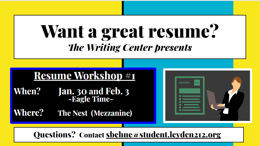 Come visit us in The Nest (D202) on Jan 30 or Feb 3 to build your resume! Already have a resume? Let us take a look to make sure it's interview-ready! <a href="/EastWriting/">East Leyden Writing Center</a> 
#leydenpride #thenest