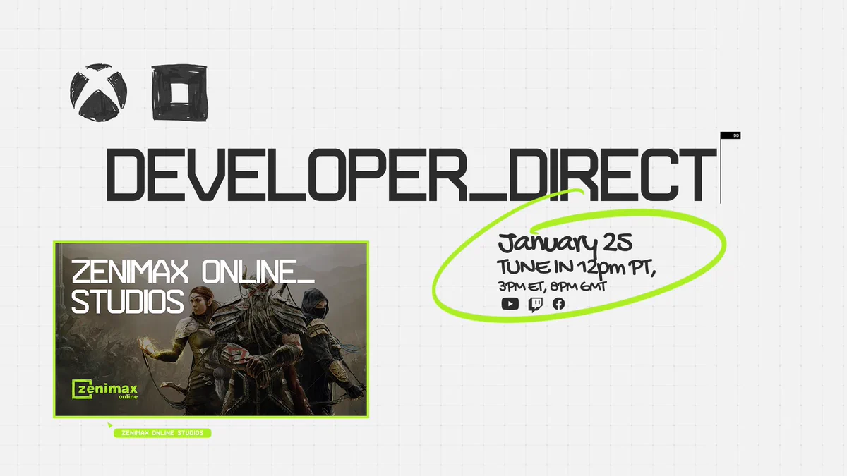 A digital whiteboard featuring the words "Developer_Direct" with various game logos, including a hand-drawn version of Xbox nexus logo, Bethesda's square logo, and logo for ZeniMax Online Studios plus art of The Elder Scrolls Online Nord, Elf, and Breton heroes. The event date reads "January 25 at 3pm ET."