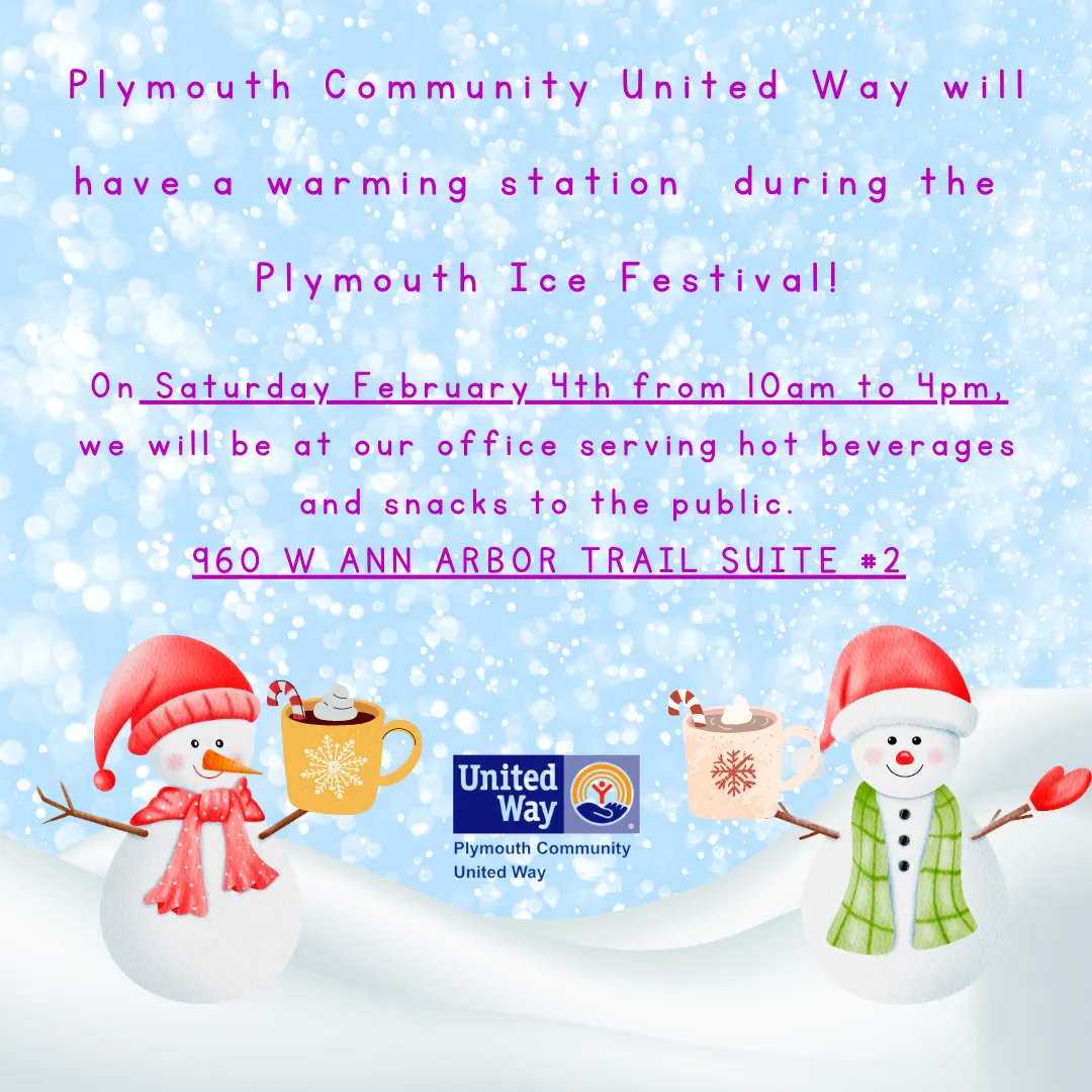 The #PlymouthIceFestival is only two weeks away! We are so excited to host a warming station with hot chocolate and other baked goods. We cannot wait to see you all there! #PlymouthUnitedWay #PCUW