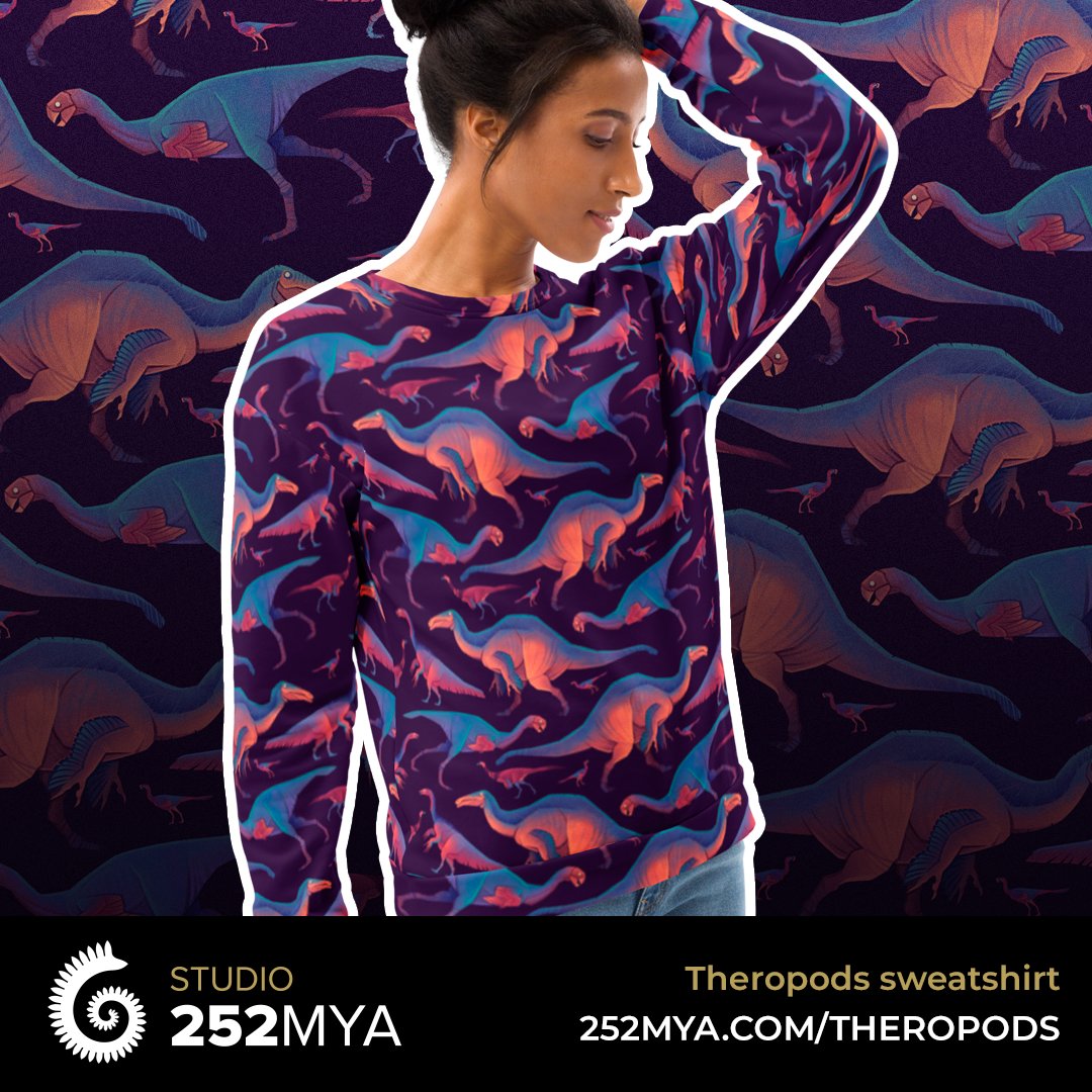 studio252mya's tweet photo. #Theropods also evolved non-predatory lifestyles arguably more interesting than their predatory counterparts. This sweatshirt features #Oviraptor, #Gigantoraptor, #Deinocheirus, #Falcarius and #Nothronychus.
https://t.co/AhECqjMyM0
Art by @GrecoWestermann https://t.co/QXXoJBQuW6