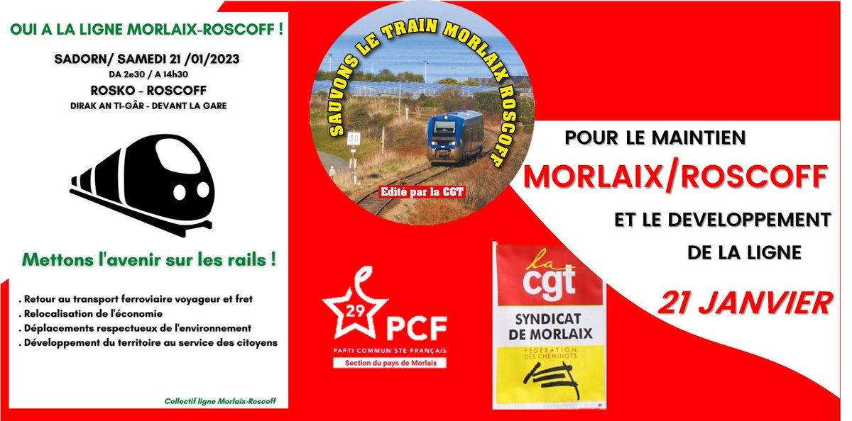 OrvaultPcf's tweet photo. 📢[Rassemblement Ligne #MorlaixRoscoff]

Grande manifestation de soutien ce samedi 2⃣1⃣ janvier, à #Roscoff (14h30, devant la Gare)!✊

🚉Venez nombreuses &amp; nombreux soutenir la réouverture indispensable de cette ligne TER/FRET 

#PCF29 #CGTCheminot https://t.co/ZBJ3yyP0se