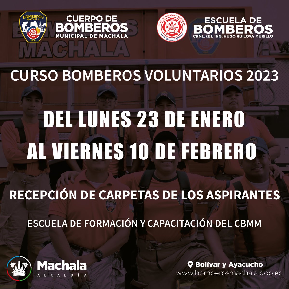 MachalaBomberos's tweet photo. ¡Atención!

Recepción de carpetas de los Aspirantes a Bomberos Voluntarios 2023.⬇️ https://t.co/hxvqT1WK3i