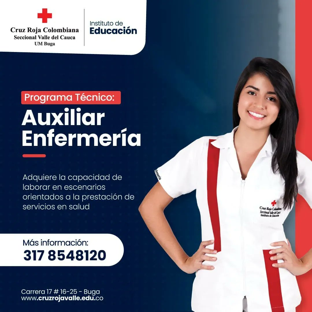 CruzRojaBuga's tweet photo. Inscripciones para el programa Auxiliar de Enfermería del Instituto Cruz Roja Buga
Mayores informes a través del siguiente enlace vía WhatsApp https://t.co/fkrzG8je36 o a través de los números 3178548120 -3008594749
¡Capacítate en Cruz Roja, una institución con prestigi… https://t.co/NBAH2JUIkw