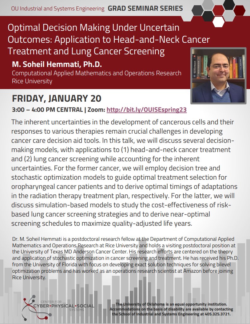 GRAD SEMINAR TODAY! To start our semester with full energy, Dr. Soheil Hemmati, from @RiceUniversity, will give us a very interesting talk on optimization under uncertainty for cancer screening and treatment. #RushOUISE (bit.ly/OUISEspring23)