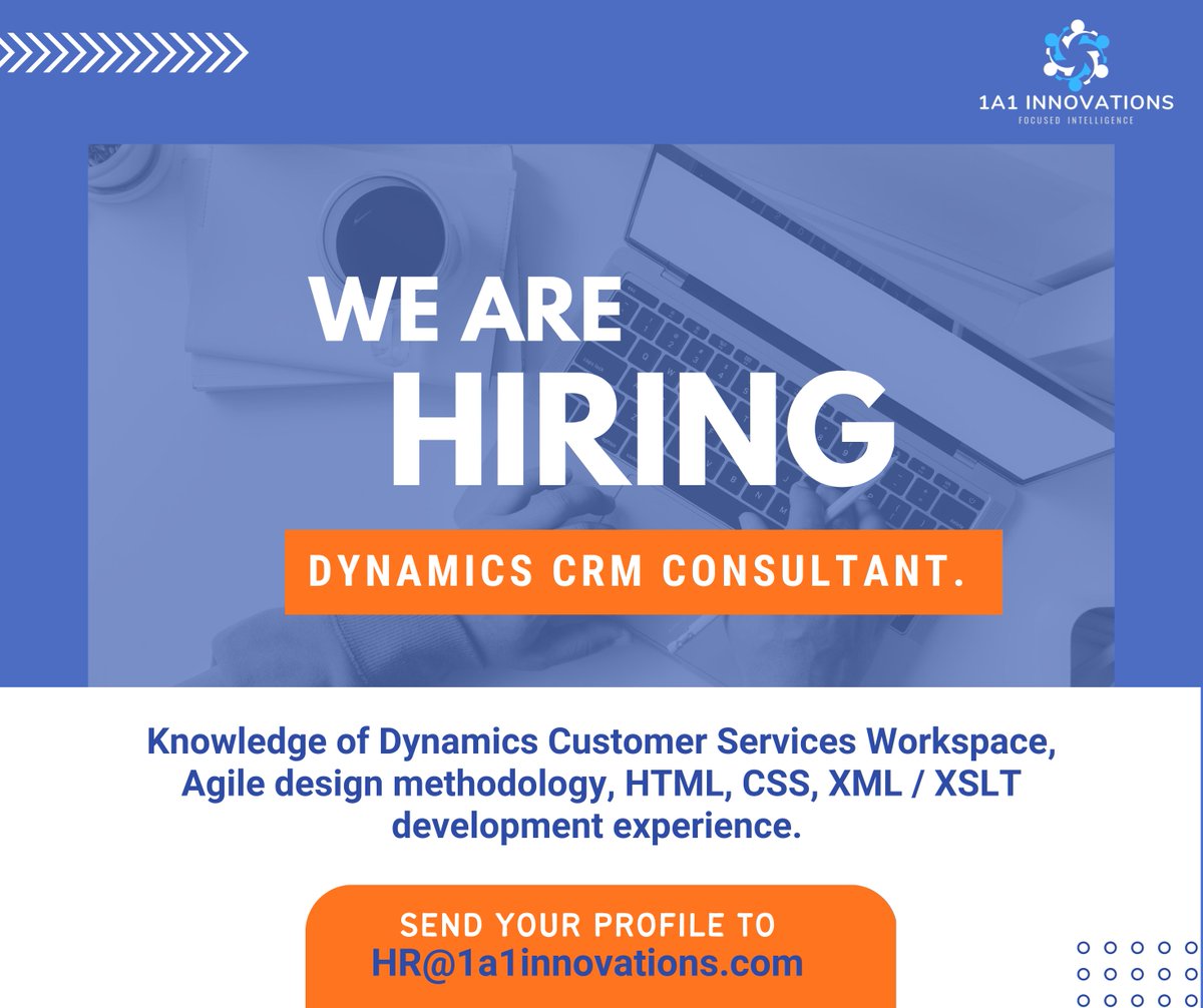 1A1_Innovations's tweet image. Join our team 1A1!! 
We are looking for Dynamics CRM Consultant. 
Send your profile to hr@1a1innovations.com

Click on the link below for more information 
lnkd.in/d5ni4iSz 

#1a1innovations #hiringnow #microsoftdynamics #crm #dynamics365crm #informationtechnology