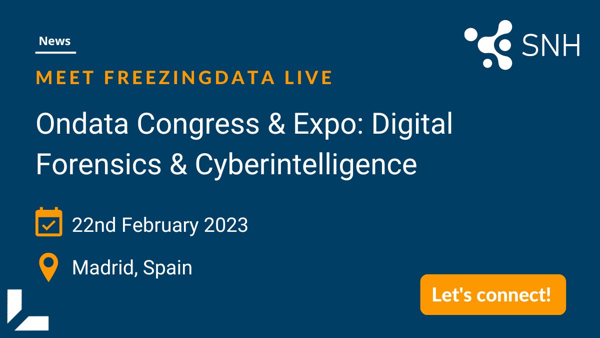 freezingdata's tweet image. On February 22nd we will be at the Ondata Congress &amp;amp; Expo in Madrid 🇪🇸 Visit us at our stand and get to know more about our Social Network Harvester. We look forward to seeing you there! 😊

#ondata #snh #socialnetworkharvester #freezingdata #conference #osint #socmint