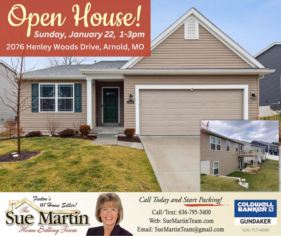 SueMartinREALTR's tweet photo. OPEN HOUSE! Sunday, Jan. 22, 1-3pm. Move right in to this stunning 1.5 year young home! Spacious 4 Bedroom 3 Bathroom home 🏡 in sought-after Henley Woods subdivision.  Interested? Get in touch with us.
Details: https://t.co/8fNz0NjM8B
#ArnoldMO https://t.co/I5E1d2qkyO