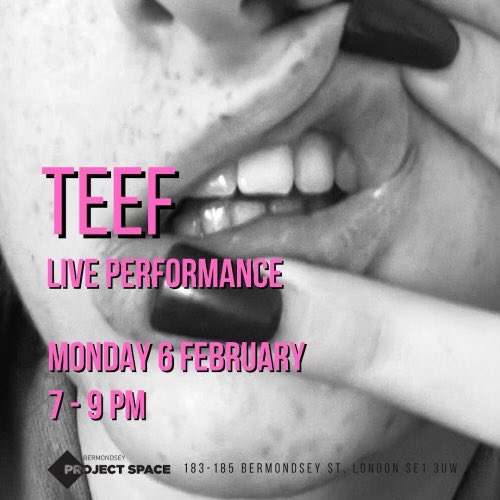 Excited to be performing in this. Playing at Bermondsey Project Space on the 6th of Feb.

TEEF is a fringe theatre show exploring hidden queerness and inter-class relationships. It is a delicious deep dive into attraction, embarrassment and lost teeth.