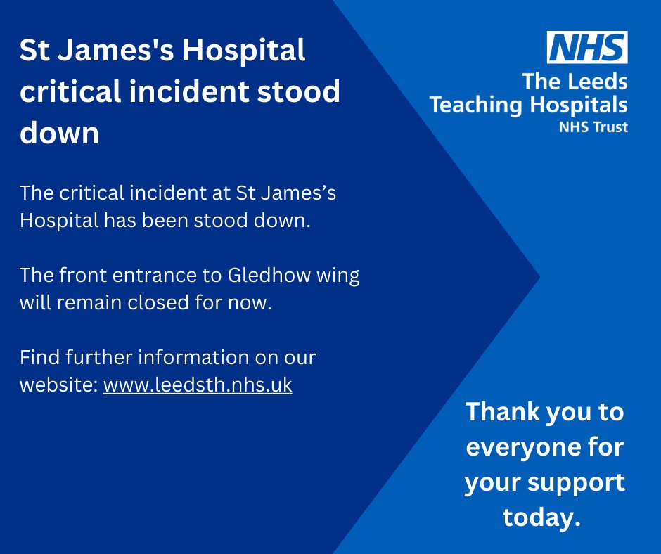 The critical incident at St James's Hospital has been stood down. All patients have returned to their wards. Thank you to our patients and the public for your patience and understanding today. Also our staff and Emergency Services for helping us to keep everyone safe.