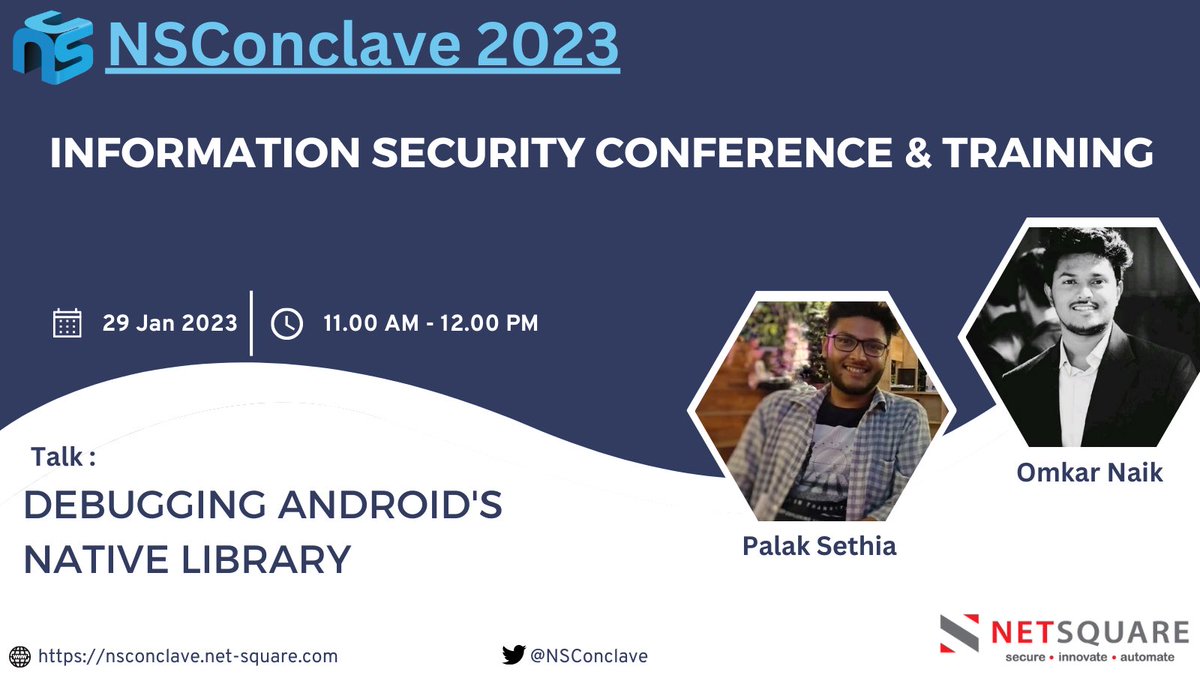 #Android #Debugging is always fun, Let's do it with our speakers of the event - <a href="/ps_doom/">Palak Sethia</a> &amp; <a href="/0ninaik/">Omkar naik</a> on Debugging android's native library.

#NSConclave2023 #Conference #CyberSecurity

🌐For more info: nsconclave.net-square.com/debugging-andr…