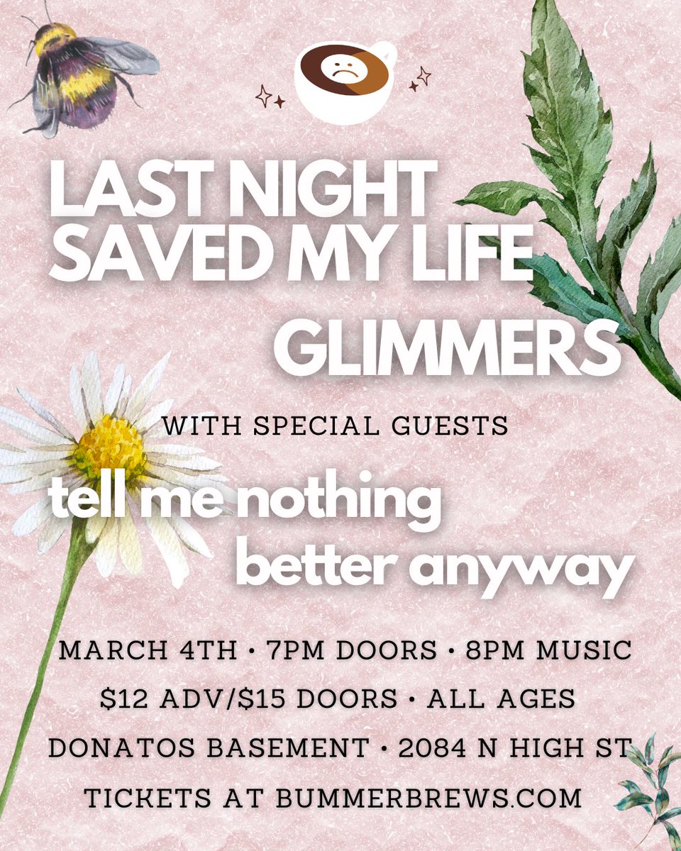 bummerbrews's tweet photo. BB presents @LastNightSaved &amp; @glimmersband in Columbus w/Tell Me Nothing &amp; Better Anyway!

Tickets @ https://t.co/z5RuiZTa2s 🧸 https://t.co/ja5TfxxIof