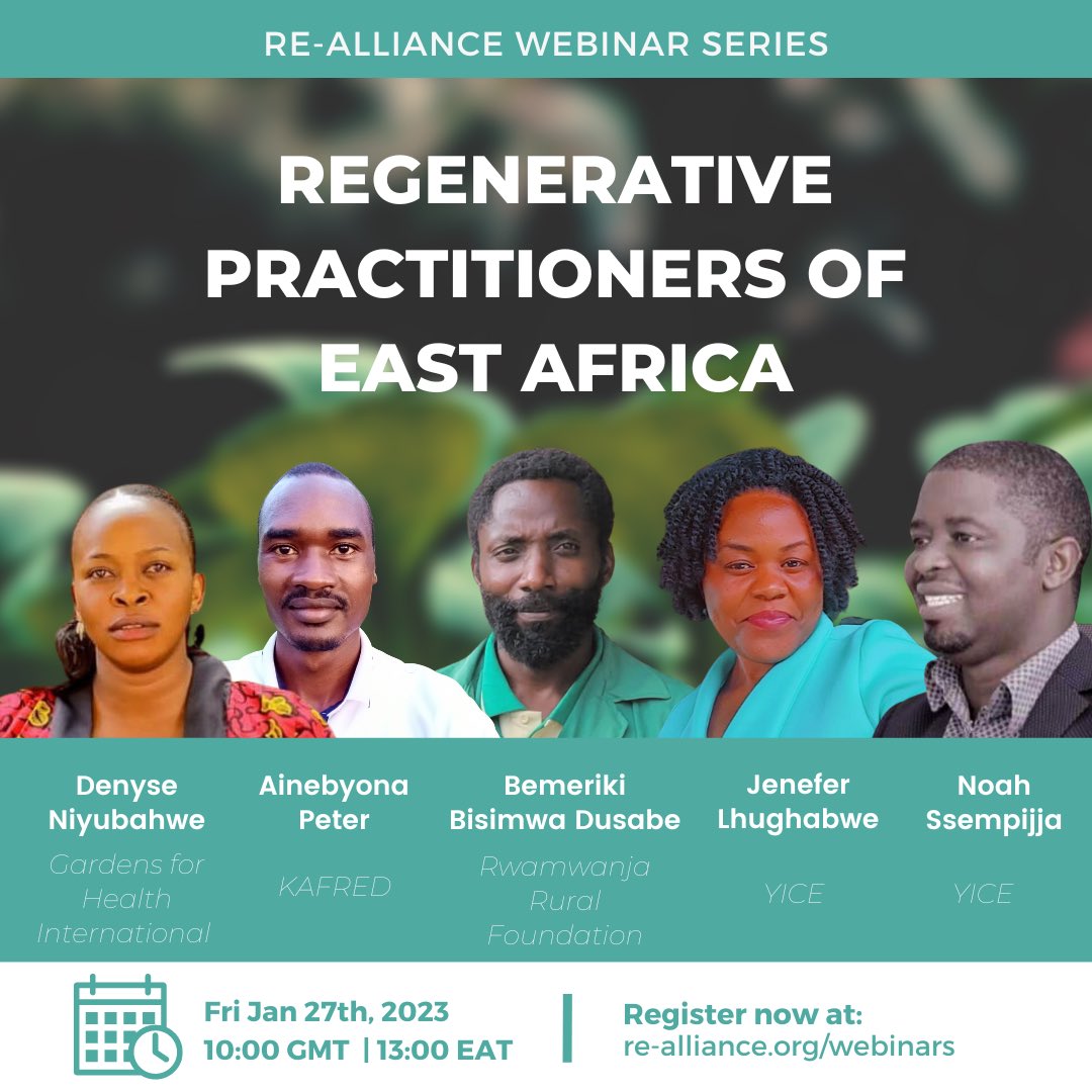 Welcome to the latest session in our regenerative webinar series!

Join us to hear from Denyse Niyubahwe (Gardens for Health International), Ainebyona Peter (KAFRED), Bemeriki Bisimwa Dusabe (Rwamwanja Rural Foundation), Jenefer Lhughabwe and Noah Ssempijja (YICE Uganda).