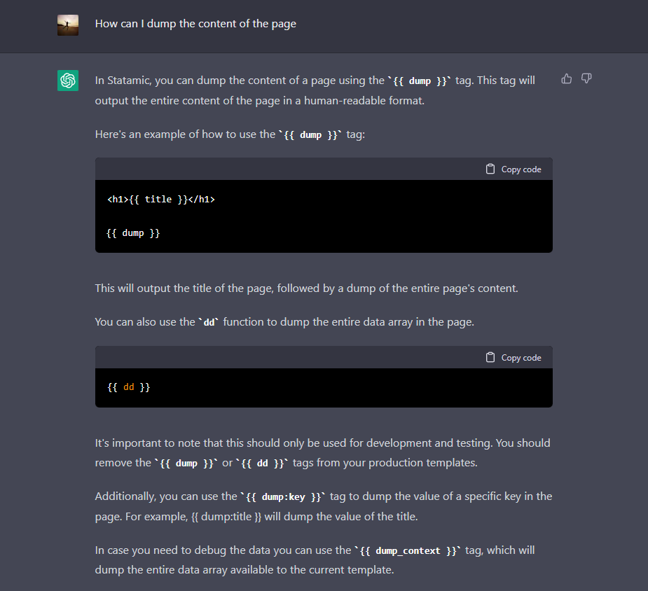 vuumly's tweet photo. If someone is learning @statamic CMS, you can use ChatGTP to get quick answers on some of the features of the CMS. https://t.co/3JI7COa9B3