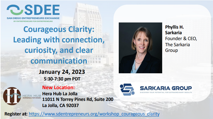 SDEEorg's tweet photo. Join us for a facilitated workshop to help increase your #leadership effectiveness with author and former corporate executive Phyllis Sarkaria, MCEC on January 24 5:30 pm PST at Hera Hub. Free for SDEE &amp; HeraHub Members; $25 Non-members. Register at: https://t.co/kccPWuwvPB https://t.co/CBED2vTXxs