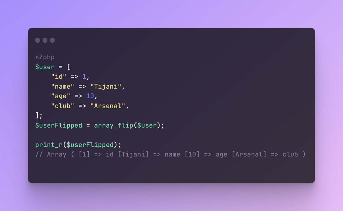 MustaphaCodes's tweet image. PHP Function 3 of 100: array_flip(array $array): array
This returns an array in flip order, i.e. keys from array become values and values from array become keys
Note: Array keys must be int/string
#phpFunctions #php #100DaysOfCode #100daysofcodechallenge #100daysofcodingchallenge