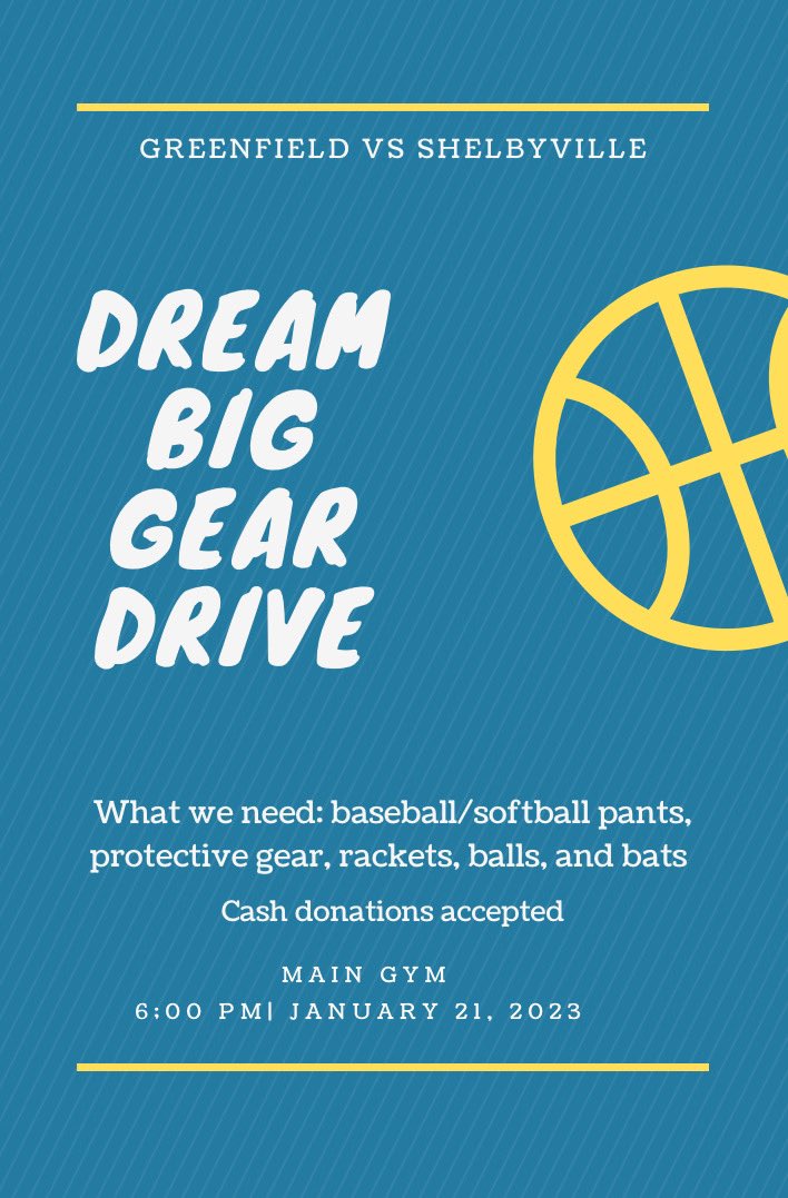Our community service class is collecting gently used or new sports equipment again tomorrow evening at our <a href="/CougarHoops2/">Greenfield Central Cougar Hoops</a> game vs. <a href="/SHSGoldenBears/">SHS Golden Bears</a> !