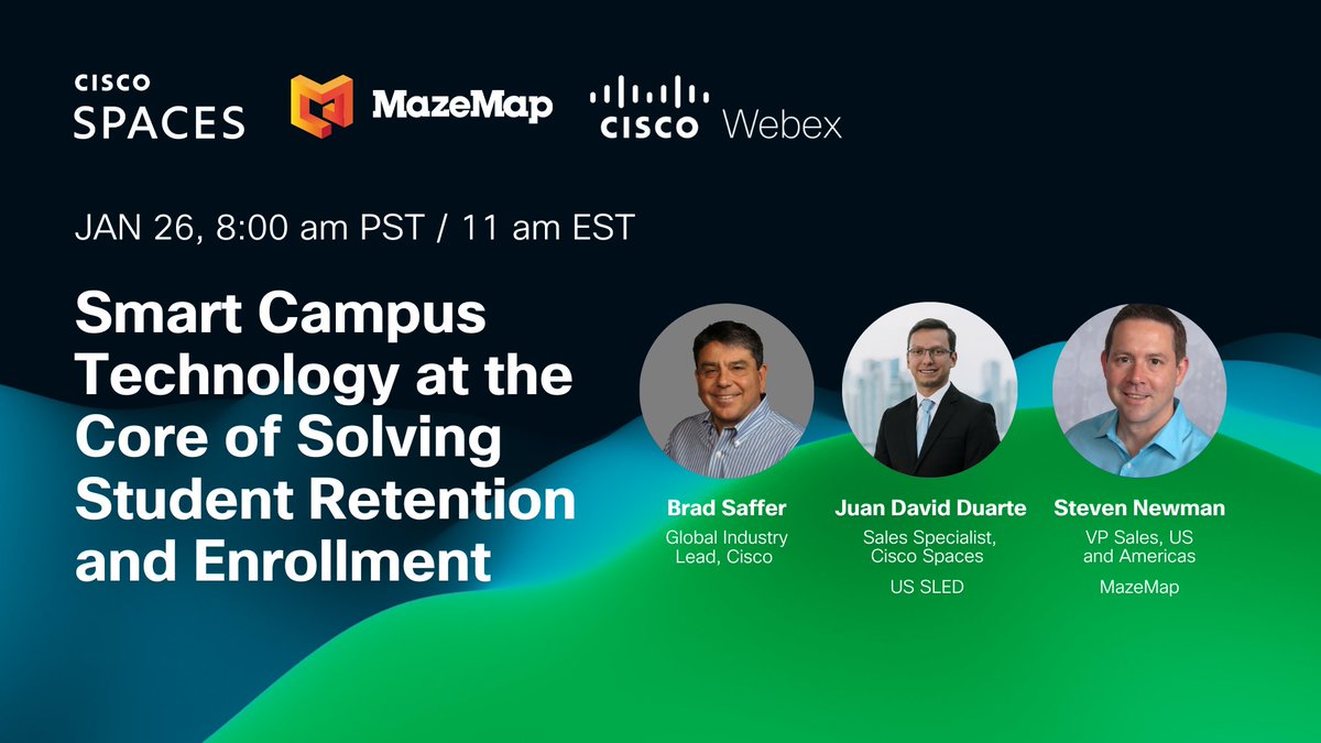 Come see how @Cisco and @MazeMap are providing smart campus technology to solve Student Retention and Enrollment experience issues. 🎟️ Register here: bit.ly/3j06UHY Speakers: Brad Saffer, Juan David Duarte, and Steven Newman