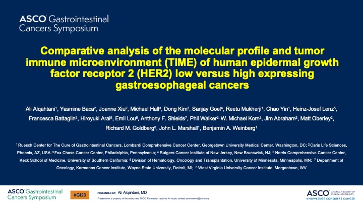 🎉 Ecstatic that <a href="/AliAlqahtaniMD/">Ali Alqahtani</a> was awarded an <a href="/ASCO/">ASCO</a> <a href="/ConquerCancerFd/">Conquer Cancer, the ASCO Foundation</a> Merit Award for his oral presentation #GI23 on HER2-high vs. low #gastroesophagealcancer from an analysis of the <a href="/carisls/">Caris Life Sciences</a> database ➡️ TWEETORIAL TIME!📢📢<a href="/RueschCenter/">Cure GI Cancers</a> <a href="/LombardiCancer/">Georgetown Lombardi</a> <a href="/GUMedicine/">Georgetown Medicine</a> <a href="/gumedcenter/">GU Medical Center</a>