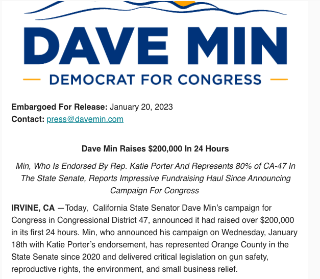 lara_korte's tweet photo. INBOX: @DaveMinCA reports raising $200k in the first 24 hours of his campaign in #CA47. Min has a key advantage running in @katieporteroc's district — Porter's endorsement. https://t.co/qdeqLK8ide