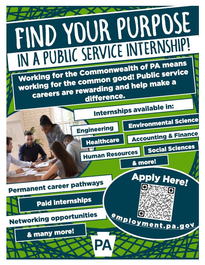 Are you currently looking for a PAID internship? If yes, here is your opportunity! The Commonwealth of PA is helping students like you by offering a chance to apply and potentially receive an offer for a paid internship opportunity. Scan the code or go to employment.pa.gov