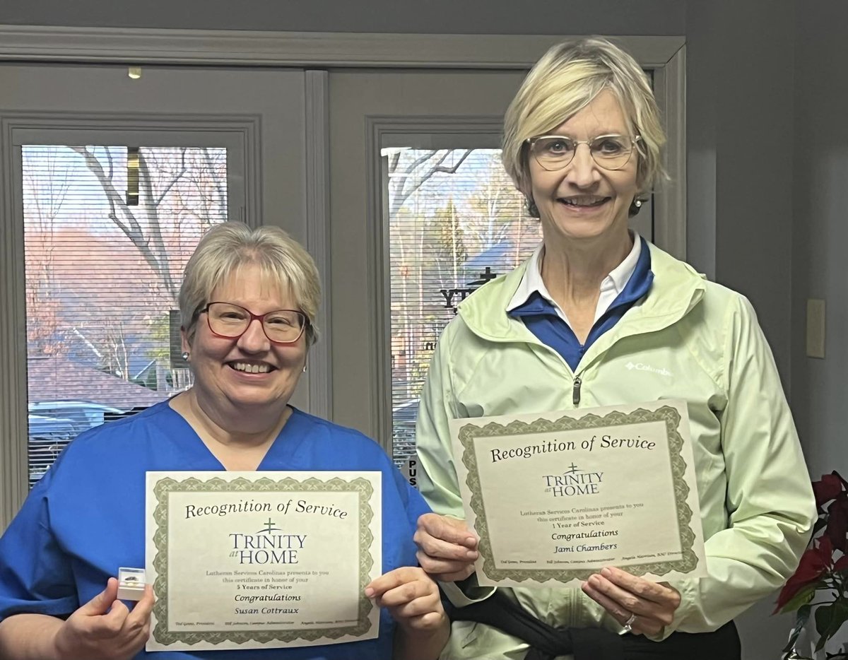 ls_carolinas's tweet photo. Trinity at Home celebrated caregiver anniversaries last night during its monthly staff meeting. Congratulations on 5 years to Susan Cottraux and 1 year to Jami Chambers. Thank you to all of our caregivers for all they do for our clients! #LSC #TrinityatHome https://t.co/fSTakDgwSe