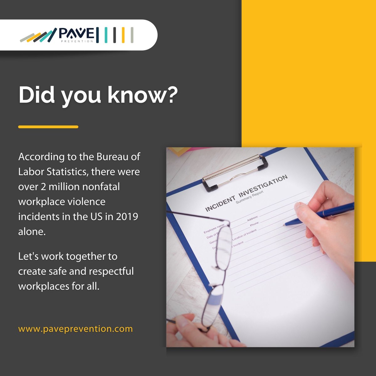 PavePrevention's tweet photo. Workplace violence is a serious issue that affects far too many individuals.
It is essential to have violence prevention programs in place in the workplace to address and prevent these incidents.
https://t.co/CEdDvq8LIi
#PAVE #SafetyAtWork #RespectAtWork #PreventionPrograms https://t.co/t4pKGoXsSl
