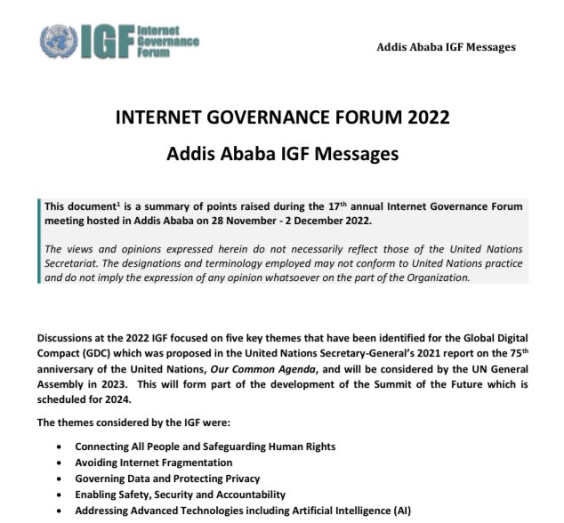 #IGF2022 👉 Final Addis Ababa #IGF Messages published reflecting multistakeholder views on 5 key themes aligned with the #GlobalDigitalCompact #FGIFrance 🦾

intgovforum.org/en/filedepot_d… #NetGov #FridayReads 👇 👇