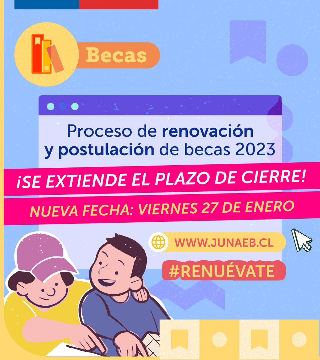JunaebM's tweet photo. 👀  ¡Atención con el proceso de #BecasJunaeb!

¡Extendimos plazo! No lo dejes para último momento.

👉 Ingresa a https://t.co/2s96pl0sC4 y #Renuévate

#JunaebContigo #ApoyoEstudiantil #Mineduc #Becas #Estudios #Beneficios https://t.co/hnSmudEXct