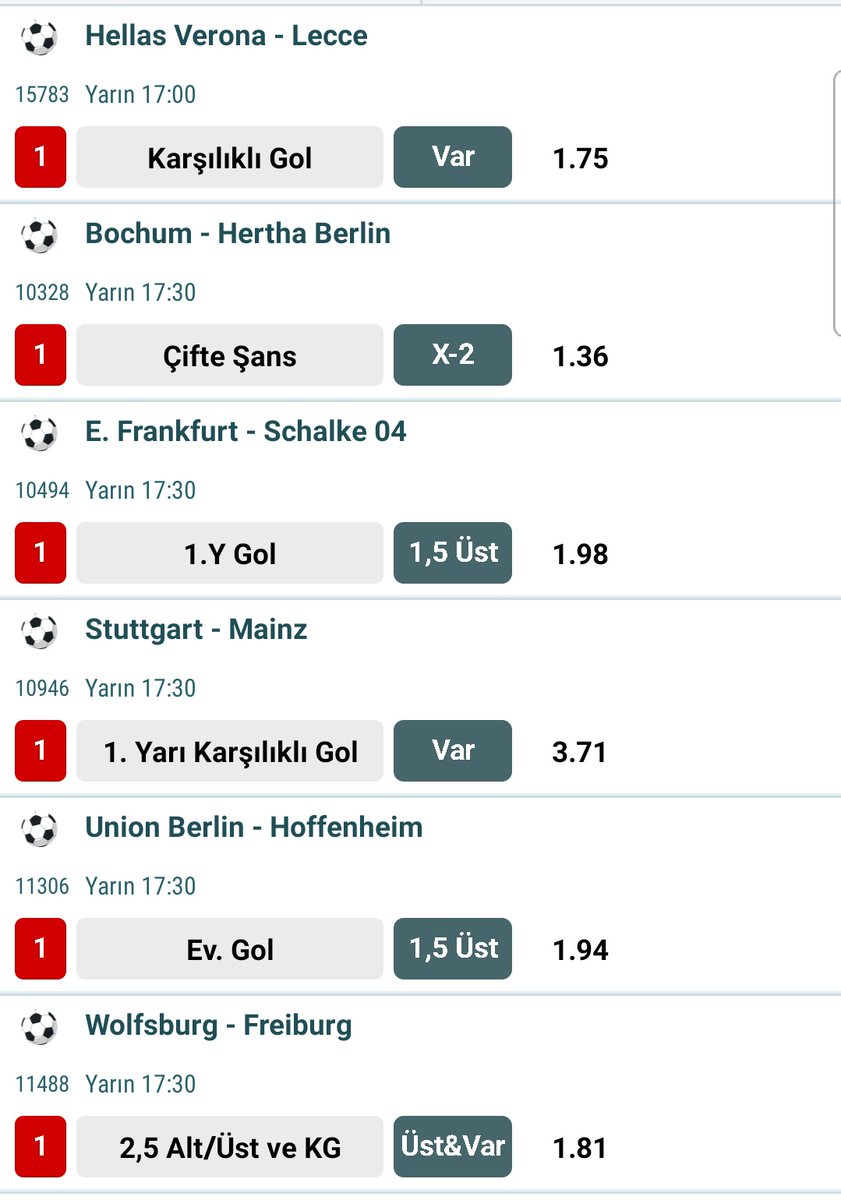 Hellas Verona KG Var banko. Hertha Berlin kaybetmez. Schalke maçı İY 1,5 üst olur ve Frankfurt ilk yarıyı 2-1 maçı da 3-1 kazanır. Stuttgart ilk yarıda Mainz karşısında 2-1 önde kapatır. 1.Y KG Var denenir.Union Berlin evinde en az 2 gol atar ve 4-0 kazanır Hoffenheim karşısında.