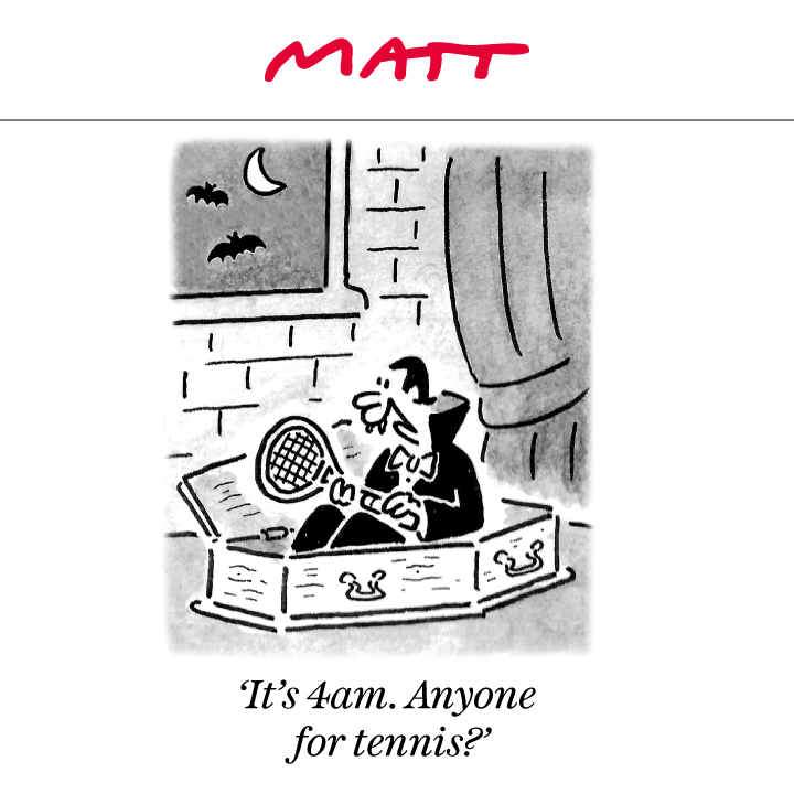 🎾 'It's 4am. Anyone for tennis?' My latest cartoon for tomorrow's @Telegraph Subscribe to my weekly newsletter to receive my unseen cartoons: telegraph.co.uk/premium/matt/?…