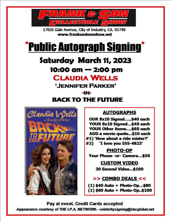 Saturday, March 11th get ready to go Back... to the Future! Special guests Claudia Wells and Donald Fullilove will be signing autographs and taking photos with fans from 10am-2pm #bttf #backtothefuture #80s