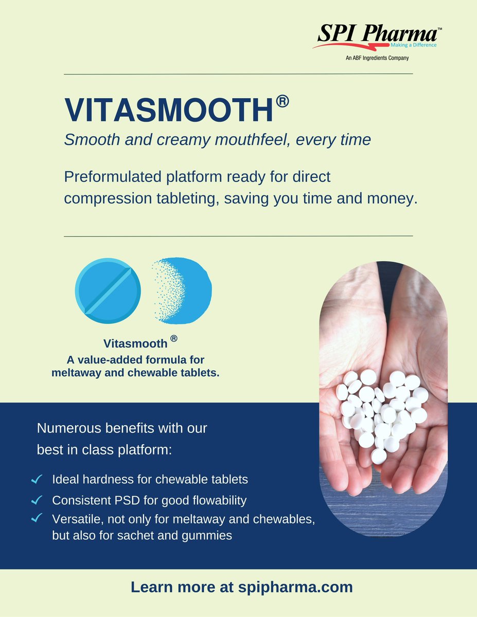 Vitasmooth® is a preformulated platform ready for direct compression tableting, saving you time and money.

Learn more about the numerous benefits here: spipharma.com/en/products/mi…

#vitasmooth #meltingtablet #oraltablet #formulation #medicinedelivery #drugformulation