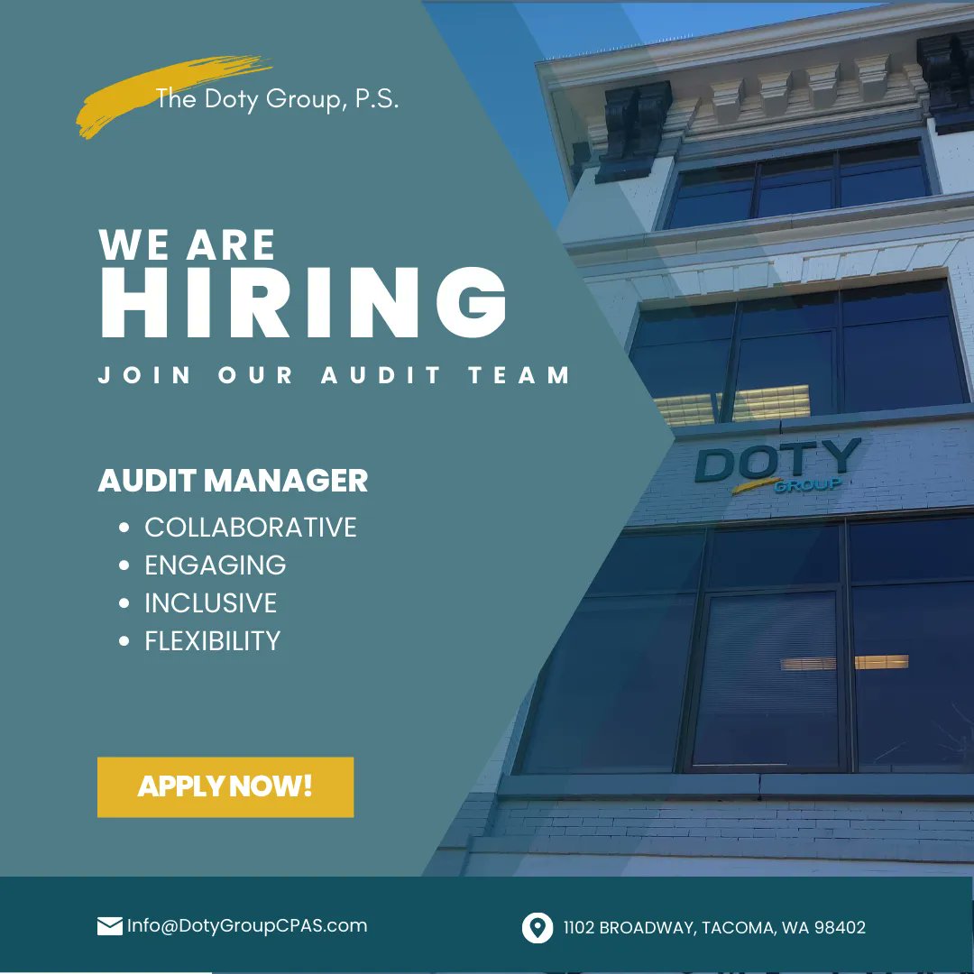 TheDotyGroup's tweet image. Are you looking to be appreciated, valued, and supported? Are you looking for employee well-being, work-life balance, and flexibility?
Apply for our Audit Manager position today!
 buff.ly/3frVGdt 
#TacomaCPA #CPA #AuditManager #TheDotyGroup #TacomaWA #Accountant