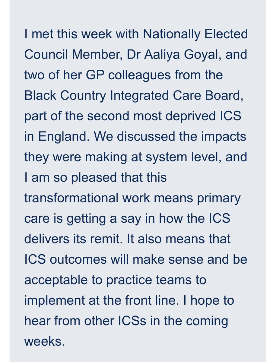 Aaliya_UK's tweet photo. Thanks to @rcgp Chair @KamilaRCGP for the newsletter shoutout following our meeting this week 🙏🏼

Appreciate the time given to discuss transformational work delivered by Primary Care Leads @NHSinBlkCountry &amp; the potential for further innovation in an integrated #leadership model https://t.co/OCukBpnc7O