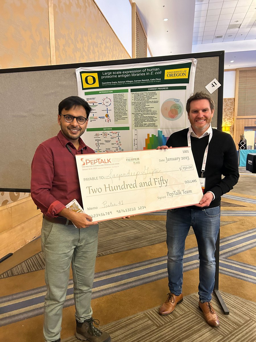 calinplesa's tweet image. Congratulations Sayandeep @MuggleInSynbio for winning a Poster Award at PepTalk! @PlesaLab @UOKnightCampus