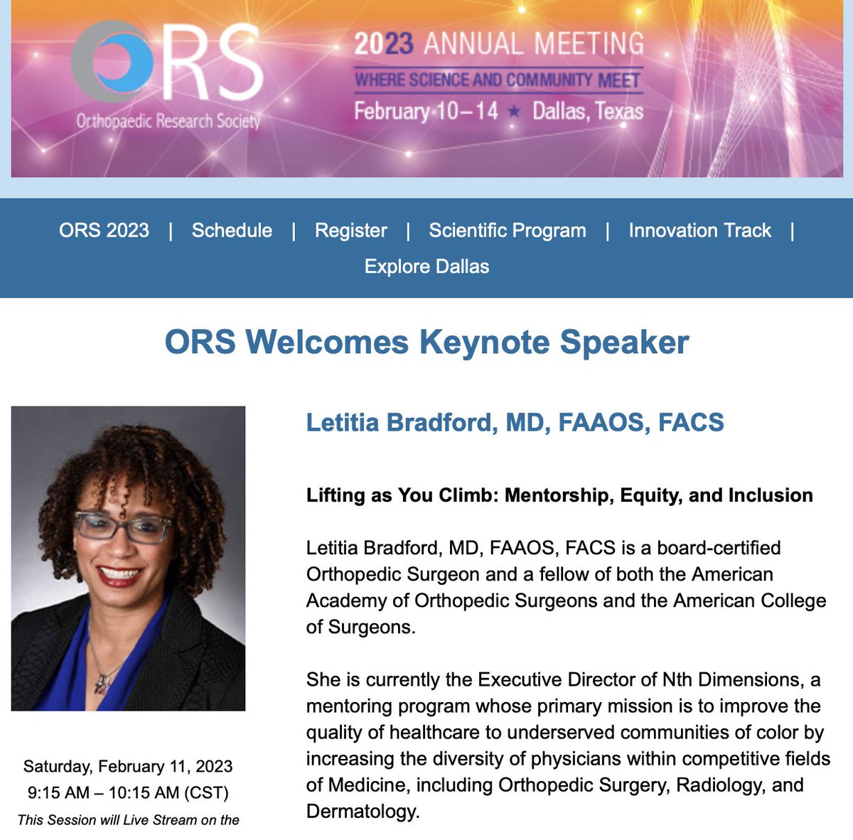 Ron Kwon (@ronkwonbone) on Twitter photo So excited to see <a href="/OrthochickMD/">Letitia Bradford, MD, FAAOS, FACS</a> is this year's keynote speaker at the 2023 <a href="/ORSsociety/">Orthopaedic Research Society</a> Annual Meeting! 🙌
<a href="/nth_dim/">Nth Dimensions</a> is an incredible program that is having a major impact in reducing barriers to diversity and inclusion in orthopaedics. So excited to see <a href="/OrthochickMD/">Letitia Bradford, MD, FAAOS, FACS</a> is this year's keynote speaker at the 2023 <a href="/ORSsociety/">Orthopaedic Research Society</a> Annual Meeting! 🙌
<a href="/nth_dim/">Nth Dimensions</a> is an incredible program that is having a major impact in reducing barriers to diversity and inclusion in orthopaedics.