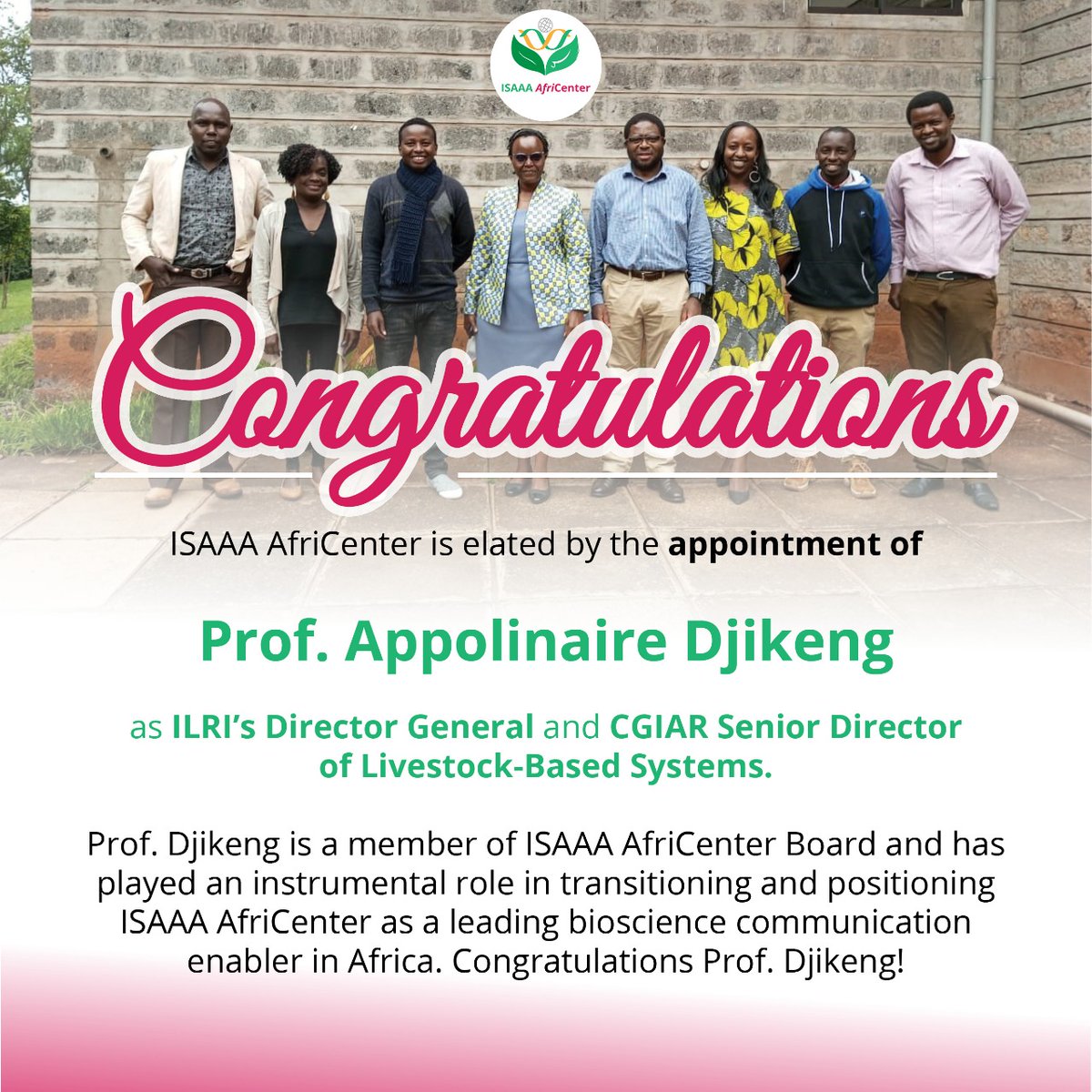 WOW! I am so excited for you BOSS @ADjikeng, very well-deserved and a great inspiration to #Africa's agric #research community. The @afri_isaaa team wishes you the very best as you take up this huge responsibility of leading @ILRI to the next level.
