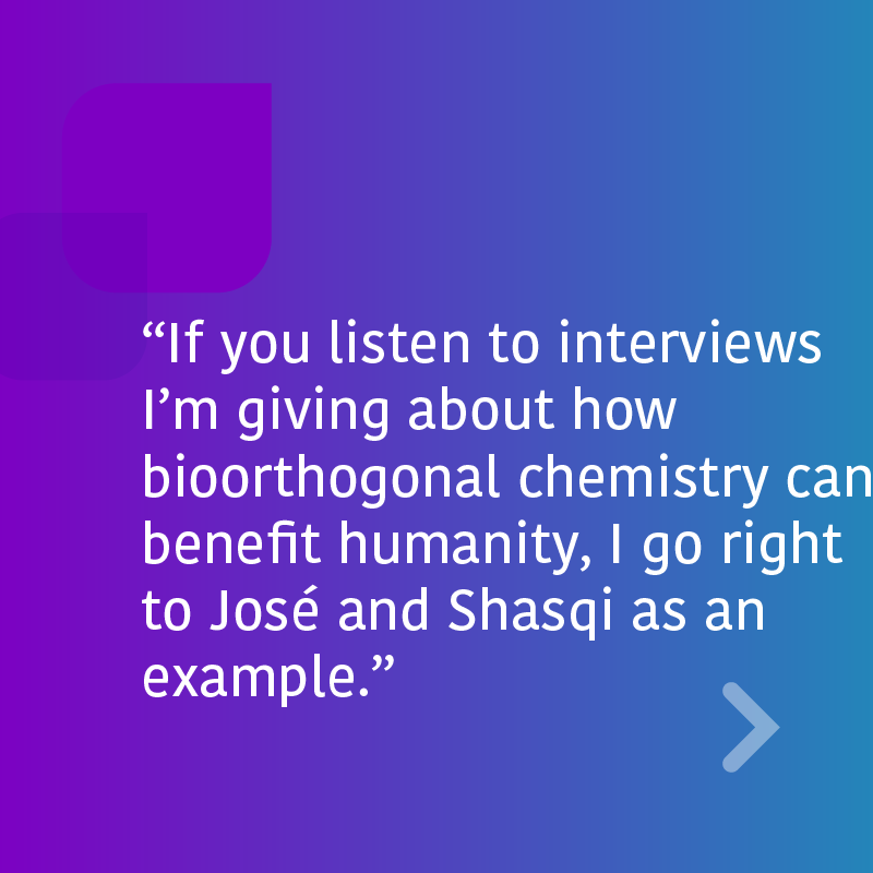 shasqi's tweet photo. Our CEO and founder @jmejiaoneto had a great time together with @CarolynBertozzi speaking to @GoHealio  about bringing click chemistry to cancer patients. Read their full article here: https://t.co/DKxt5hf0E7 https://t.co/zCMljQvEcK