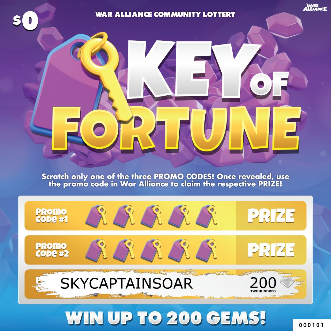 The results are in! The community voted and the winning #PromoCode was #3... for 200 GEMS! Redeem the code, SKYCAPTAINSOAR, to claim your prize :D Hurry, this code expires on January 24th at 18:00 GMT :O

#MobileGames #WarAlliance #KeyOfFortune #GemsGemsGems